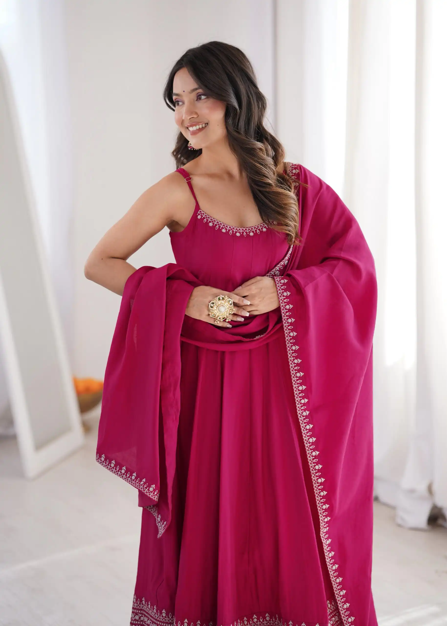 KB 305 Pink Roman Silk Chanderi Anarkali Suit with Thread Embroidery & Embroidery Work. Special Price ₹2149. Delivery 4-6 Working Days. Shop now. | Anarkali Suits, Bollywood Anarkali, Creative-Anarkali, Designer Anarkali, Embroidered Anarkali, Party Wear Anarkali