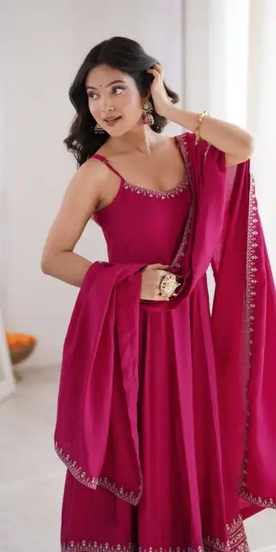 KB 305 Pink Roman Silk Chanderi Anarkali Suit with Thread Embroidery & Embroidery Work. Special Price ₹2149. Delivery 4-6 Working Days. Shop now. | Anarkali Suits, Bollywood Anarkali, Creative-Anarkali, Designer Anarkali, Embroidered Anarkali, Party Wear Anarkali
