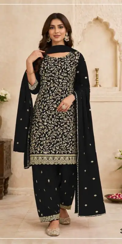 FC 3114 Black Blooming Fox Georgette Salwar Suit with Embroidery Work. Exclusive Offer ₹2499. Delivery 4-6 Working Days. Shop now. | Casual Suits, Jump Suits, Creative suits, Designer Suits, Palazzo Suits, Party Wear Suits, Patiala Suits, Salwar suit, Straight Suits