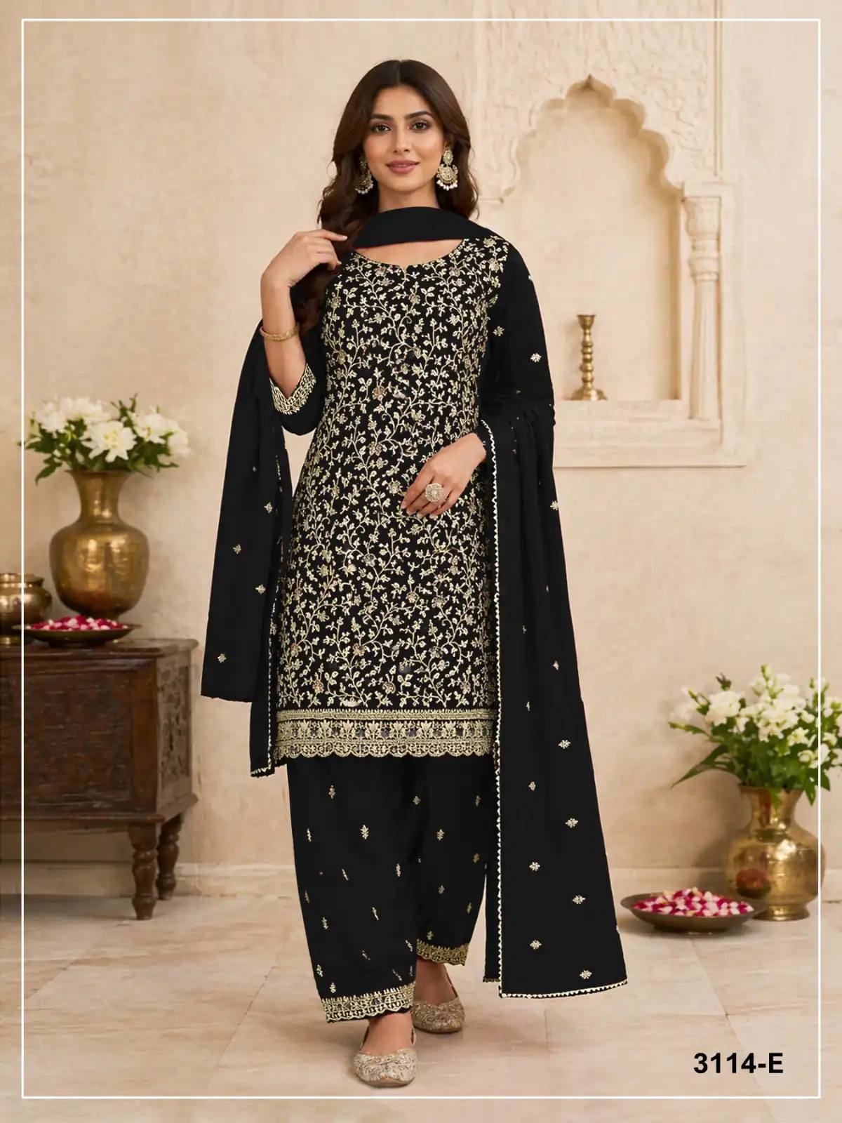 FC 3114 Black Blooming Fox Georgette Salwar Suit with Embroidery Work. Exclusive Offer ₹2499. Delivery 4-6 Working Days. Shop now. | Casual Suits, Jump Suits, Creative suits, Designer Suits, Palazzo Suits, Party Wear Suits, Patiala Suits, Salwar suit, Straight Suits