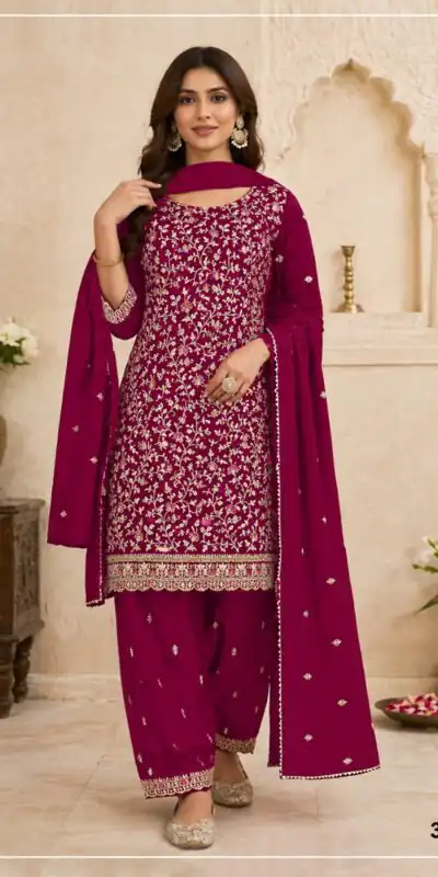 FC 3114 Red Blooming Fox Georgette Salwar Suit with Embroidery Work. Exclusive Offer ₹2499. Delivery 4-6 Working Days. Shop now. | Casual Suits, Jump Suits, Creative suits, Designer Suits, Palazzo Suits, Party Wear Suits, Patiala Suits, Salwar suit, Straight Suits