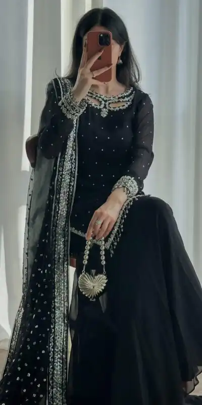 SRK 5353 Black Faux Georgette Salwar Suit Perfect for Wedding, Party, Family Gatherings, Sangeet, Housewarming – . Affordable Price ₹1949. Days | Casual Suits, Jump Suits, Creative suits, Designer Suits, Palazzo Suits, Party Wear Suits, Patiala Suits, Salwar suit, Straight Suits