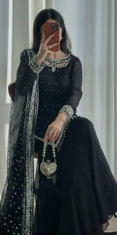 SRK 5353 Black Faux Georgette Salwar Suit Perfect for Wedding, Party, Family Gatherings, Sangeet, Housewarming – . Affordable Price ₹1949. Days | Casual Suits, Jump Suits, Creative suits, Designer Suits, Palazzo Suits, Party Wear Suits, Patiala Suits, Salwar suit, Straight Suits