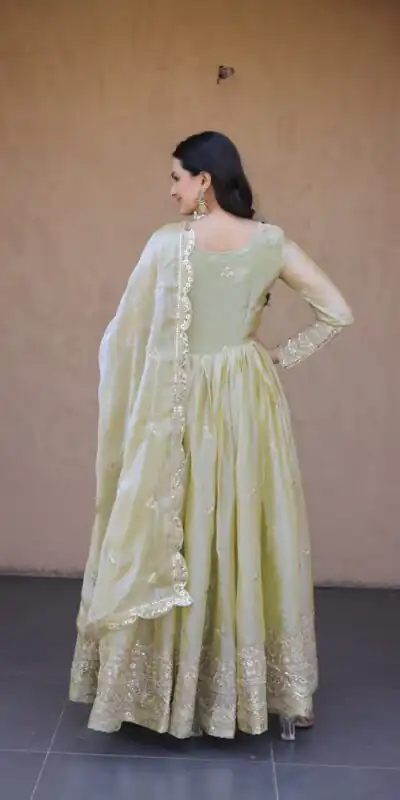 KA 1260 Light Pista Color Fendi Silk Gown with Embroidery Work & Zari Work. Now at just ₹2599. Delivery 4-6 Working Days. Shop now. | Bollywood Gowns, Creative Gowns, Designer Gowns, Embroidered Gowns, Gowns, Party Wear Gowns