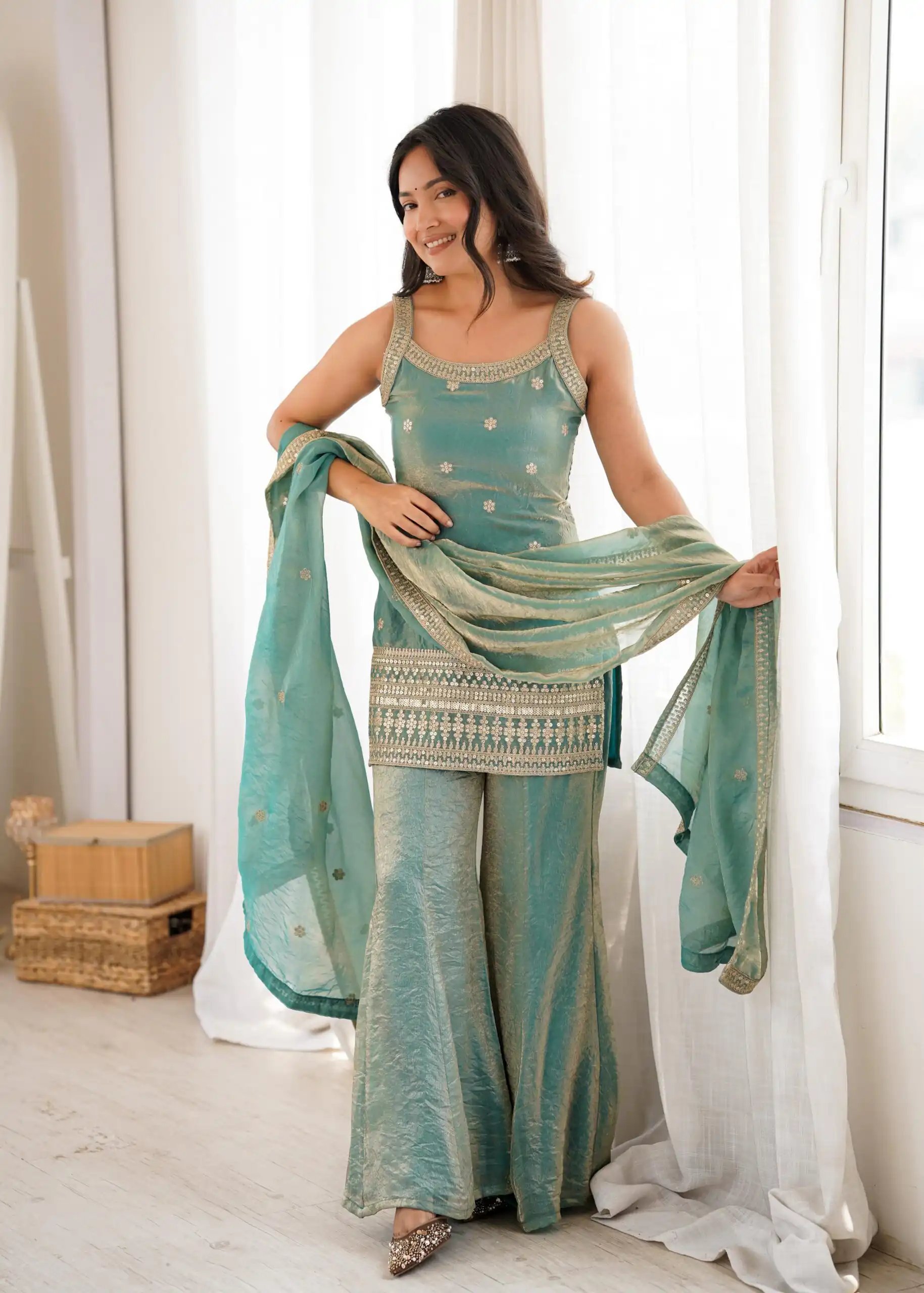KB 302 Sea Green Fendy Silk Salwar Suit with Mirror Work & Embroidery Work. Best Price ₹2049. Delivery 4-6 Working Days. Shop now. | Casual Suits, Jump Suits, Creative suits, Designer Suits, Palazzo Suits, Party Wear Suits, Patiala Suits, Salwar suit, Straight Suits