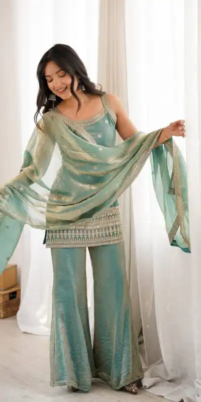 KB 302 Sea Green Fendy Silk Salwar Suit with Mirror Work & Embroidery Work. Best Price ₹2049. Delivery 4-6 Working Days. Shop now. | Casual Suits, Jump Suits, Creative suits, Designer Suits, Palazzo Suits, Party Wear Suits, Patiala Suits, Salwar suit, Straight Suits