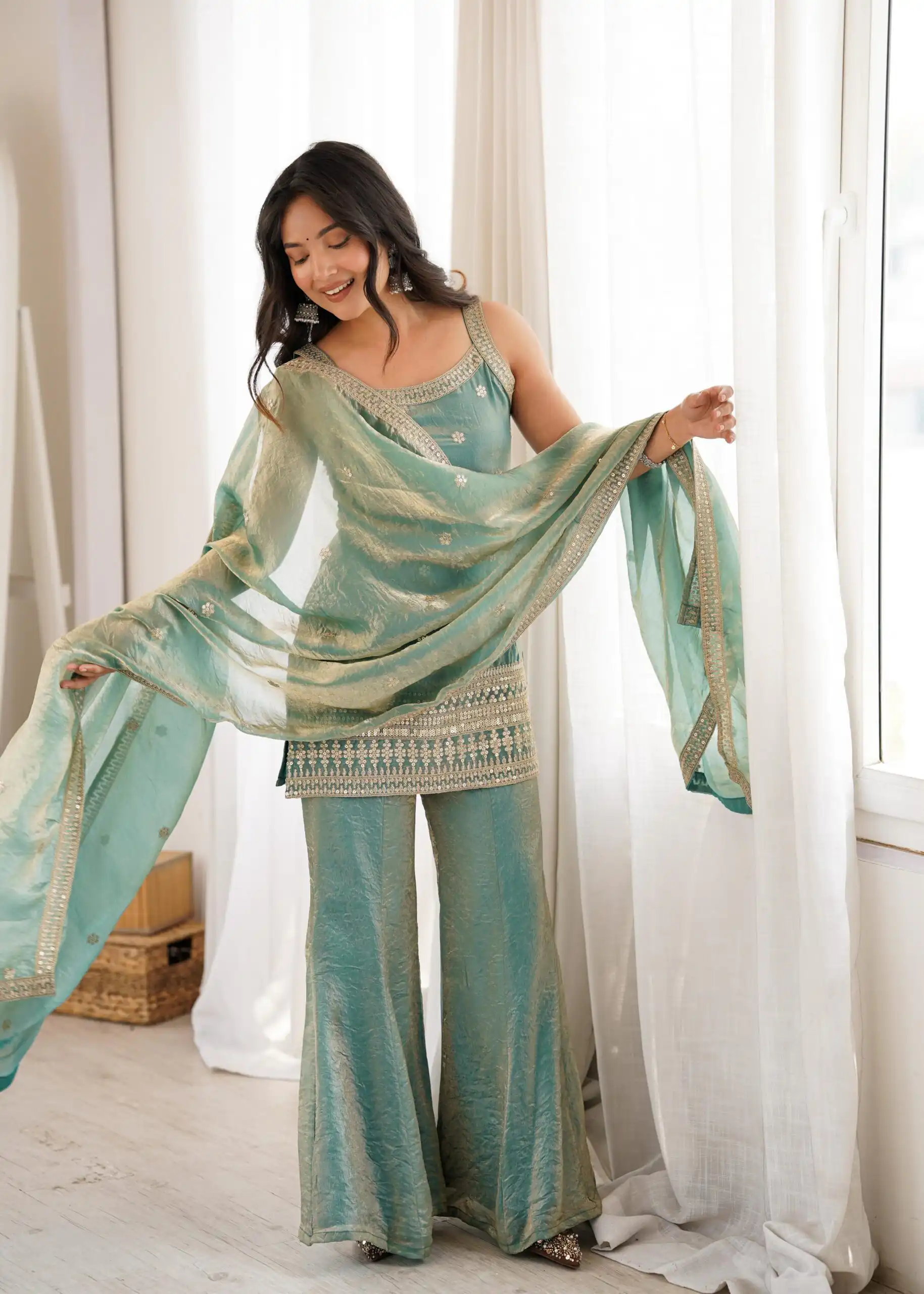 KB 302 Sea Green Fendy Silk Salwar Suit with Mirror Work & Embroidery Work. Best Price ₹2049. Delivery 4-6 Working Days. Shop now. | Casual Suits, Jump Suits, Creative suits, Designer Suits, Palazzo Suits, Party Wear Suits, Patiala Suits, Salwar suit, Straight Suits
