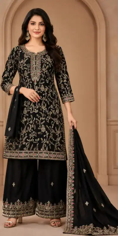 FC 1967 Black Chinon Embroidery Work Salwar Suit Wedding, Party, Festive, Events,, Reception,, Price ₹3049. Delivery 4-6 Working Days. Shop now. | Casual Suits, Jump Suits, Creative suits, Designer Suits, Palazzo Suits, Party Wear Suits, Patiala Suits, Salwar suit, Straight Suits