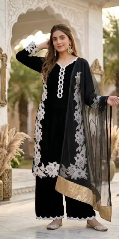ST 213 Black Color Natural Crep Salwar Suit with Embroidery Work. Wedding, Party, Festive, Best Price ₹1899. Delivery 4-6 Working Days. Shop now. | Casual Suits, Jump Suits, Creative suits, Designer Suits, Palazzo Suits, Party Wear Suits, Patiala Suits, Salwar suit, Straight Suits