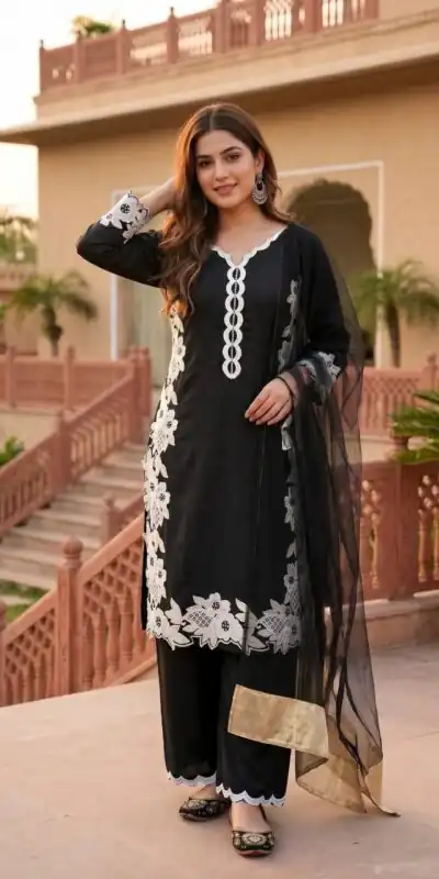 ST 213 Black Color Natural Crep Salwar Suit with Embroidery Work. Wedding, Party, Festive, Best Price ₹1899. Delivery 4-6 Working Days. Shop now. | Casual Suits, Jump Suits, Creative suits, Designer Suits, Palazzo Suits, Party Wear Suits, Patiala Suits, Salwar suit, Straight Suits