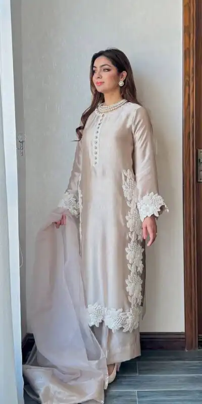 ST 213 Cream Color Natural Crep Salwar Suit with Embroidery Work. Wedding, Party, Festive, Best Price ₹1899. Delivery 4-6 Working Days. Shop now. | Casual Suits, Jump Suits, Creative suits, Designer Suits, Palazzo Suits, Party Wear Suits, Patiala Suits, Salwar suit, Straight Suits