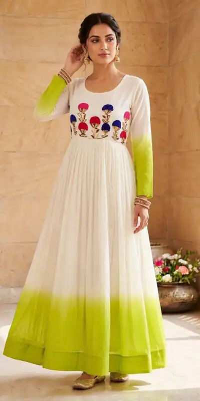 KA 1263 Green |Star Georgette Gown with Thread Embroidery & Embroidery Work. Special Price ₹1669. Delivery 4-6 Working Days. Shop now. | Bollywood Gowns, Creative Gowns, Designer Gowns, Embroidered Gowns, Gowns, Party Wear Gowns