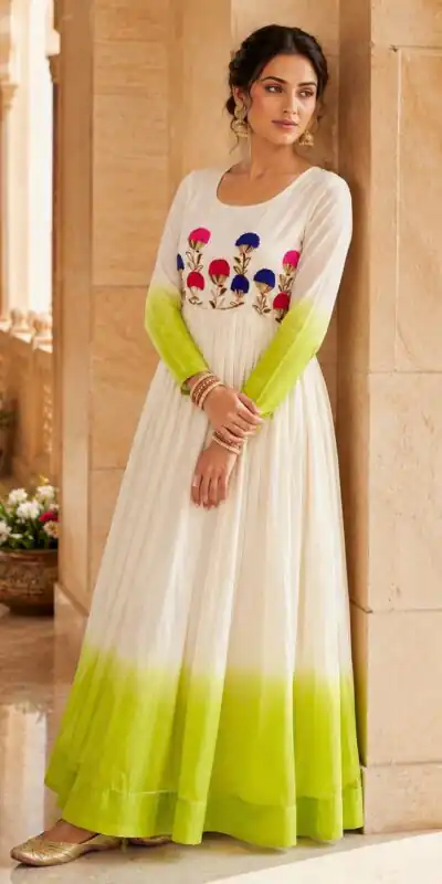 KA 1263 Green |Star Georgette Gown with Thread Embroidery & Embroidery Work. Special Price ₹1669. Delivery 4-6 Working Days. Shop now. | Bollywood Gowns, Creative Gowns, Designer Gowns, Embroidered Gowns, Gowns, Party Wear Gowns