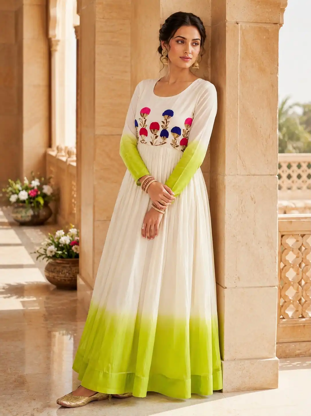KA 1263 Green |Star Georgette Gown with Thread Embroidery & Embroidery Work. Special Price ₹1669. Delivery 4-6 Working Days. Shop now. | Bollywood Gowns, Creative Gowns, Designer Gowns, Embroidered Gowns, Gowns, Party Wear Gowns