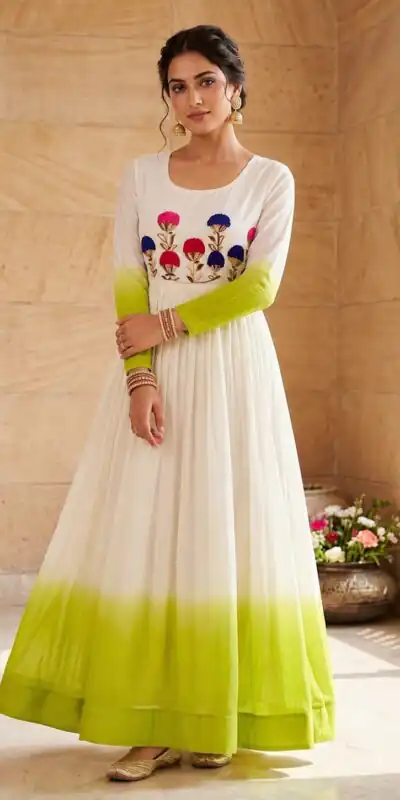 KA 1263 Green |Star Georgette Gown with Thread Embroidery & Embroidery Work. Special Price ₹1669. Delivery 4-6 Working Days. Shop now. | Bollywood Gowns, Creative Gowns, Designer Gowns, Embroidered Gowns, Gowns, Party Wear Gowns