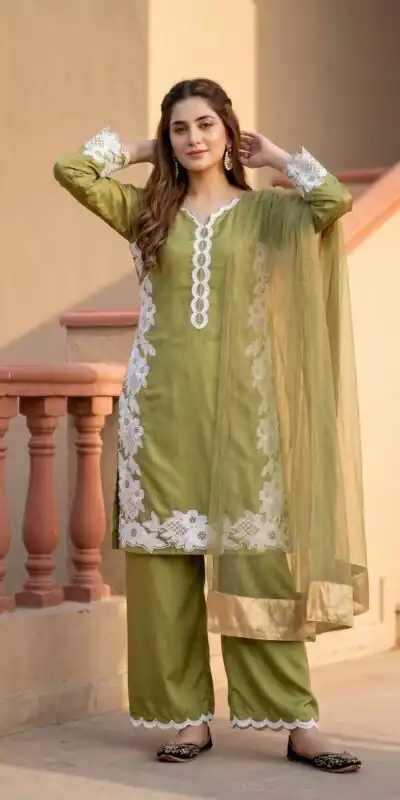 ST 213 Mehandi Color Natural Crep Salwar Suit with Embroidery Work. Wedding, Party, Festive, Best Price ₹1899. Delivery 4-6 Working Days. Shop now. | Casual Suits, Jump Suits, Creative suits, Designer Suits, Palazzo Suits, Party Wear Suits, Patiala Suits, Salwar suit, Straight Suits