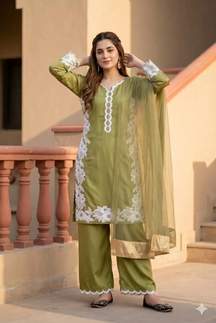 ST 213 Mehandi Color Natural Crep Salwar Suit with Embroidery Work. Wedding, Party, Festive, Best Price ₹1899. Delivery 4-6 Working Days. Shop now. | Casual Suits, Jump Suits, Creative suits, Designer Suits, Palazzo Suits, Party Wear Suits, Patiala Suits, Salwar suit, Straight Suits