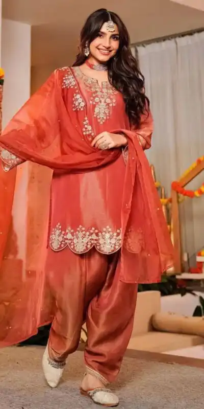 DC 116 Orange Fandy Satin Salwar Suit with Embroidery Work & Lace Work. Exclusive Offer ₹1999. Delivery 4-6 Working Days. Shop now. | Casual Suits, Jump Suits, Creative suits, Designer Suits, Palazzo Suits, Party Wear Suits, Patiala Suits, Salwar suit, Straight Suits