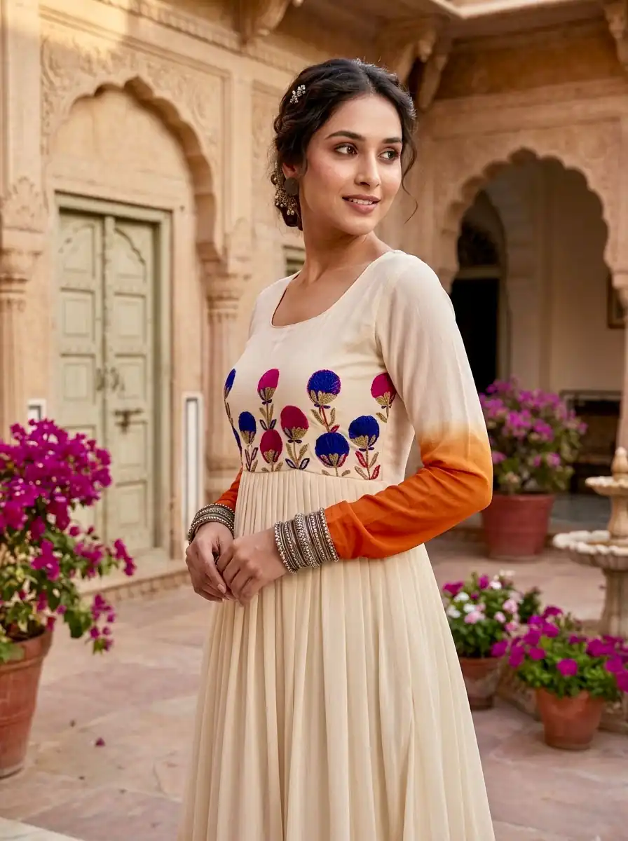 KA 1263 Orange |Star Georgette Gown with Thread Embroidery & Embroidery Work. Special Price ₹1669. Delivery 4-6 Working Days. Shop now. | Bollywood Gowns, Creative Gowns, Designer Gowns, Embroidered Gowns, Gowns, Party Wear Gowns