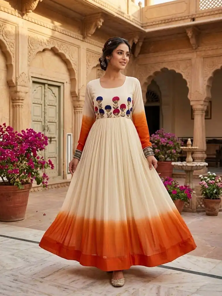 KA 1263 Orange |Star Georgette Gown with Thread Embroidery & Embroidery Work. Special Price ₹1669. Delivery 4-6 Working Days. Shop now. | Bollywood Gowns, Creative Gowns, Designer Gowns, Embroidered Gowns, Gowns, Party Wear Gowns
