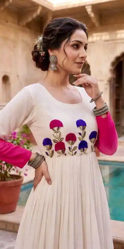 KA 1263 Pink |Star Georgette Gown with Thread Embroidery & Embroidery Work. Special Price ₹1669. Delivery 4-6 Working Days. Shop now. | Bollywood Gowns, Creative Gowns, Designer Gowns, Embroidered Gowns, Gowns, Party Wear Gowns
