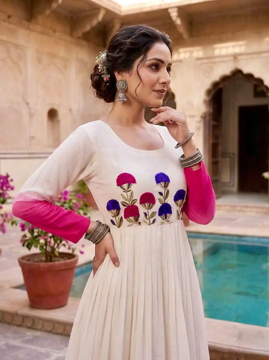 KA 1263 Pink |Star Georgette Gown with Thread Embroidery & Embroidery Work. Special Price ₹1669. Delivery 4-6 Working Days. Shop now. | Bollywood Gowns, Creative Gowns, Designer Gowns, Embroidered Gowns, Gowns, Party Wear Gowns