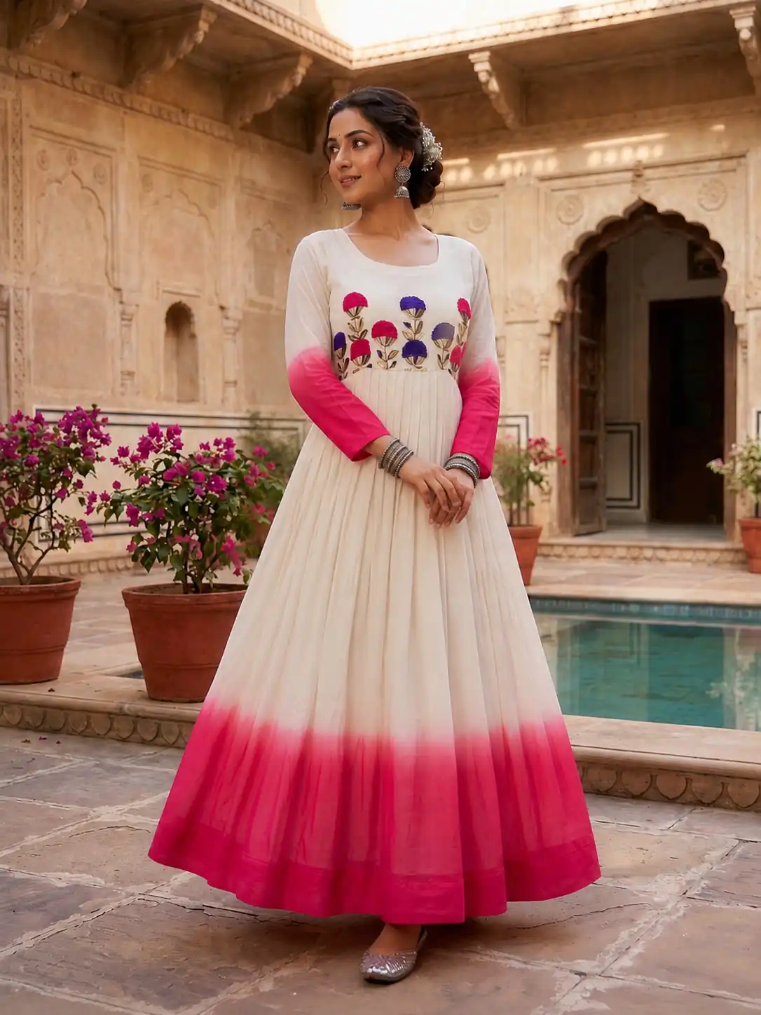 KA 1263 Pink |Star Georgette Gown with Thread Embroidery & Embroidery Work. Special Price ₹1669. Delivery 4-6 Working Days. Shop now. | Bollywood Gowns, Creative Gowns, Designer Gowns, Embroidered Gowns, Gowns, Party Wear Gowns