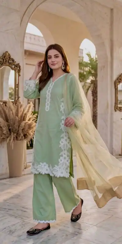 ST 213 Pista Color Natural Crep Salwar Suit with Embroidery Work. Wedding, Party, Festive, Best Price ₹1899. Delivery 4-6 Working Days. Shop now. | Casual Suits, Jump Suits, Creative suits, Designer Suits, Palazzo Suits, Party Wear Suits, Patiala Suits, Salwar suit, Straight Suits