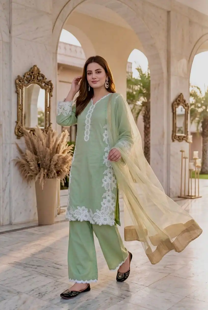 ST 213 Pista Color Natural Crep Salwar Suit with Embroidery Work. Wedding, Party, Festive, Best Price ₹1899. Delivery 4-6 Working Days. Shop now. | Casual Suits, Jump Suits, Creative suits, Designer Suits, Palazzo Suits, Party Wear Suits, Patiala Suits, Salwar suit, Straight Suits