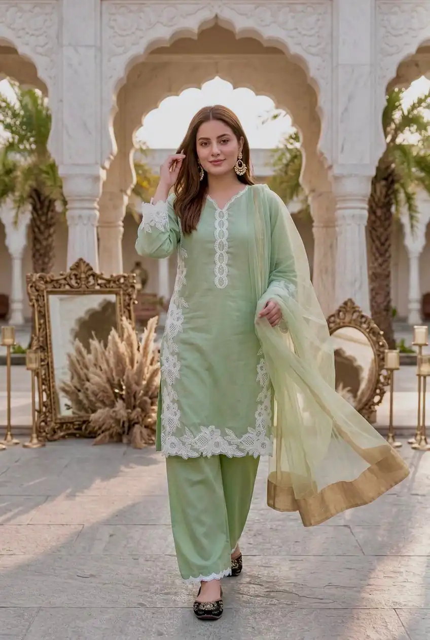 ST 213 Pista Color Natural Crep Salwar Suit with Embroidery Work. Wedding, Party, Festive, Best Price ₹1899. Delivery 4-6 Working Days. Shop now. | Casual Suits, Jump Suits, Creative suits, Designer Suits, Palazzo Suits, Party Wear Suits, Patiala Suits, Salwar suit, Straight Suits