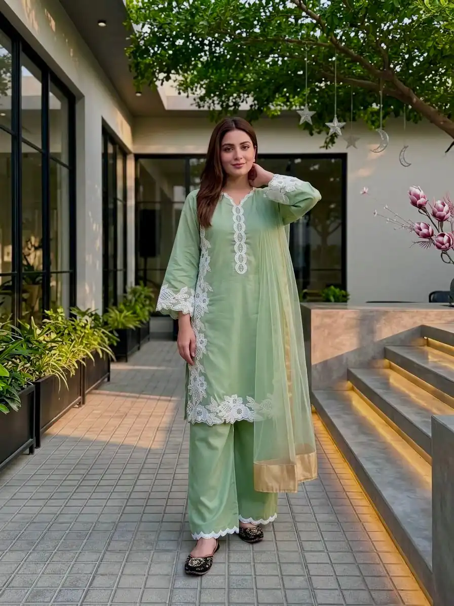 ST 213 Pista Color Natural Crep Salwar Suit with Embroidery Work. Wedding, Party, Festive, Best Price ₹1899. Delivery 4-6 Working Days. Shop now. | Casual Suits, Jump Suits, Creative suits, Designer Suits, Palazzo Suits, Party Wear Suits, Patiala Suits, Salwar suit, Straight Suits