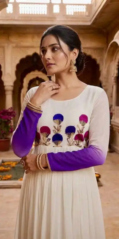 KA 1263 Purple |Star Georgette Gown with Thread Embroidery & Embroidery Work. Special Price ₹1669. Delivery 4-6 Working Days. Shop now. | Bollywood Gowns, Creative Gowns, Designer Gowns, Embroidered Gowns, Gowns, Party Wear Gowns