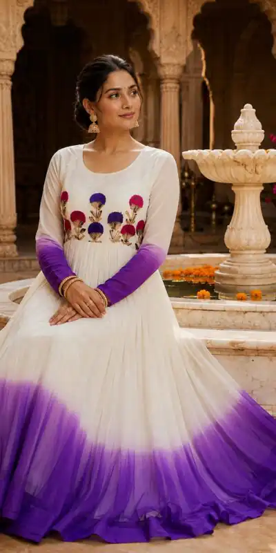 KA 1263 Purple |Star Georgette Gown with Thread Embroidery & Embroidery Work. Special Price ₹1669. Delivery 4-6 Working Days. Shop now. | Bollywood Gowns, Creative Gowns, Designer Gowns, Embroidered Gowns, Gowns, Party Wear Gowns