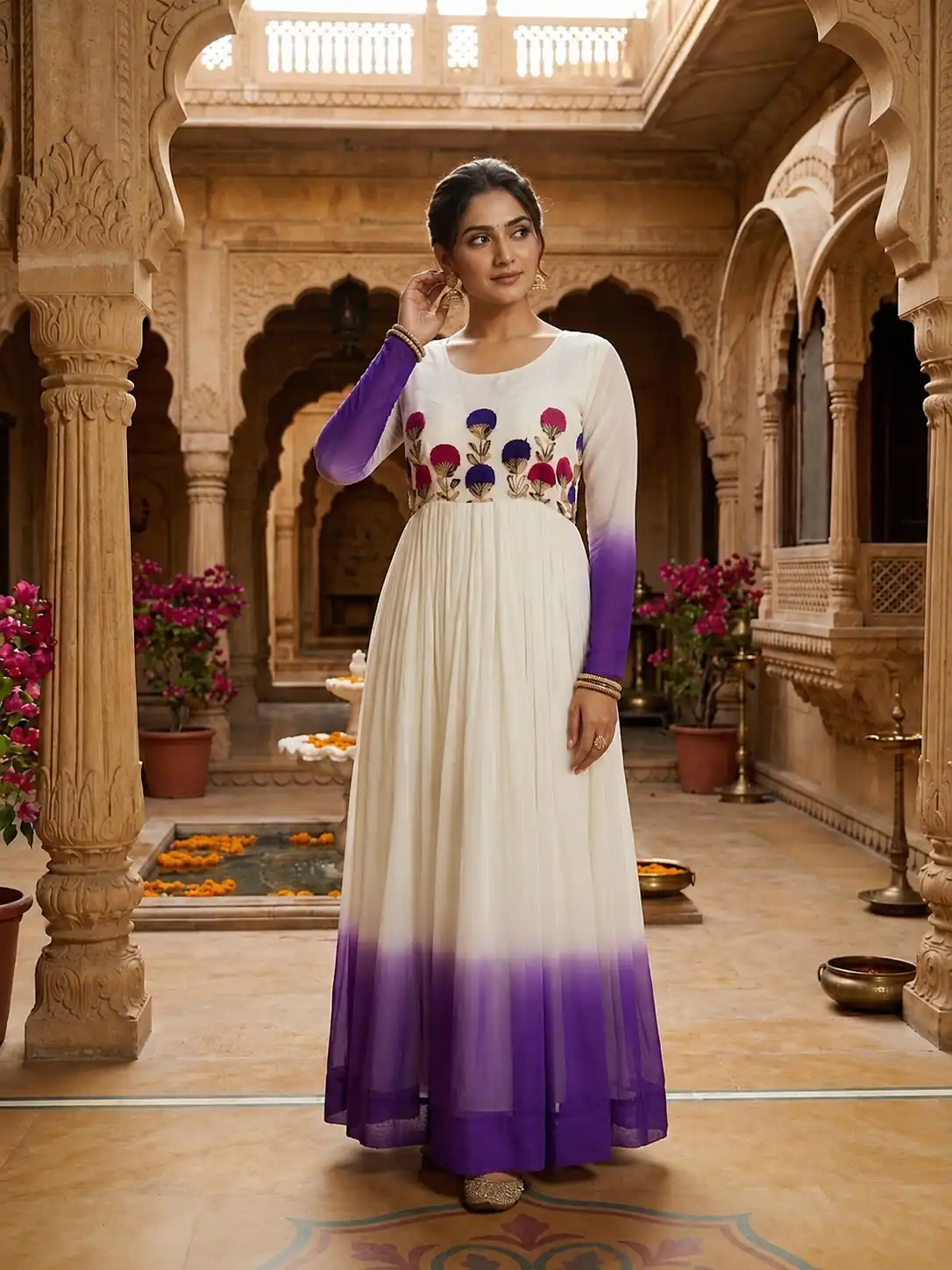KA 1263 Purple |Star Georgette Gown with Thread Embroidery & Embroidery Work. Special Price ₹1669. Delivery 4-6 Working Days. Shop now. | Bollywood Gowns, Creative Gowns, Designer Gowns, Embroidered Gowns, Gowns, Party Wear Gowns