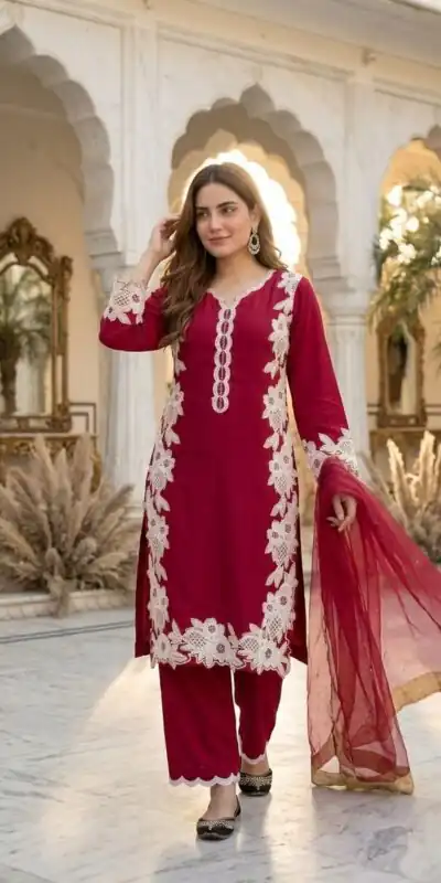 ST 213 Red Color Natural Crep Salwar Suit with Embroidery Work. Wedding, Party, Festive, Best Price ₹1899. Delivery 4-6 Working Days. Shop now. | Casual Suits, Jump Suits, Creative suits, Designer Suits, Palazzo Suits, Party Wear Suits, Patiala Suits, Salwar suit, Straight Suits