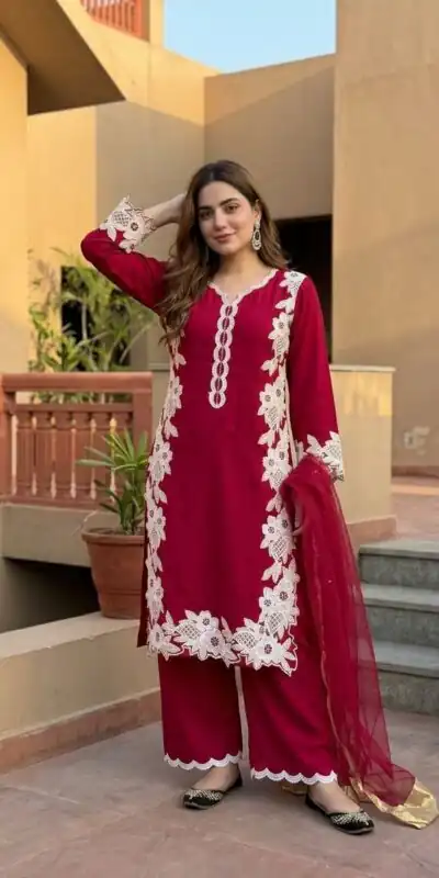 ST 213 Red Color Natural Crep Salwar Suit with Embroidery Work. Wedding, Party, Festive, Best Price ₹1899. Delivery 4-6 Working Days. Shop now. | Casual Suits, Jump Suits, Creative suits, Designer Suits, Palazzo Suits, Party Wear Suits, Patiala Suits, Salwar suit, Straight Suits