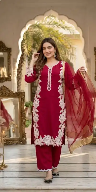 ST 213 Red Color Natural Crep Salwar Suit with Embroidery Work. Wedding, Party, Festive, Best Price ₹1899. Delivery 4-6 Working Days. Shop now. | Casual Suits, Jump Suits, Creative suits, Designer Suits, Palazzo Suits, Party Wear Suits, Patiala Suits, Salwar suit, Straight Suits