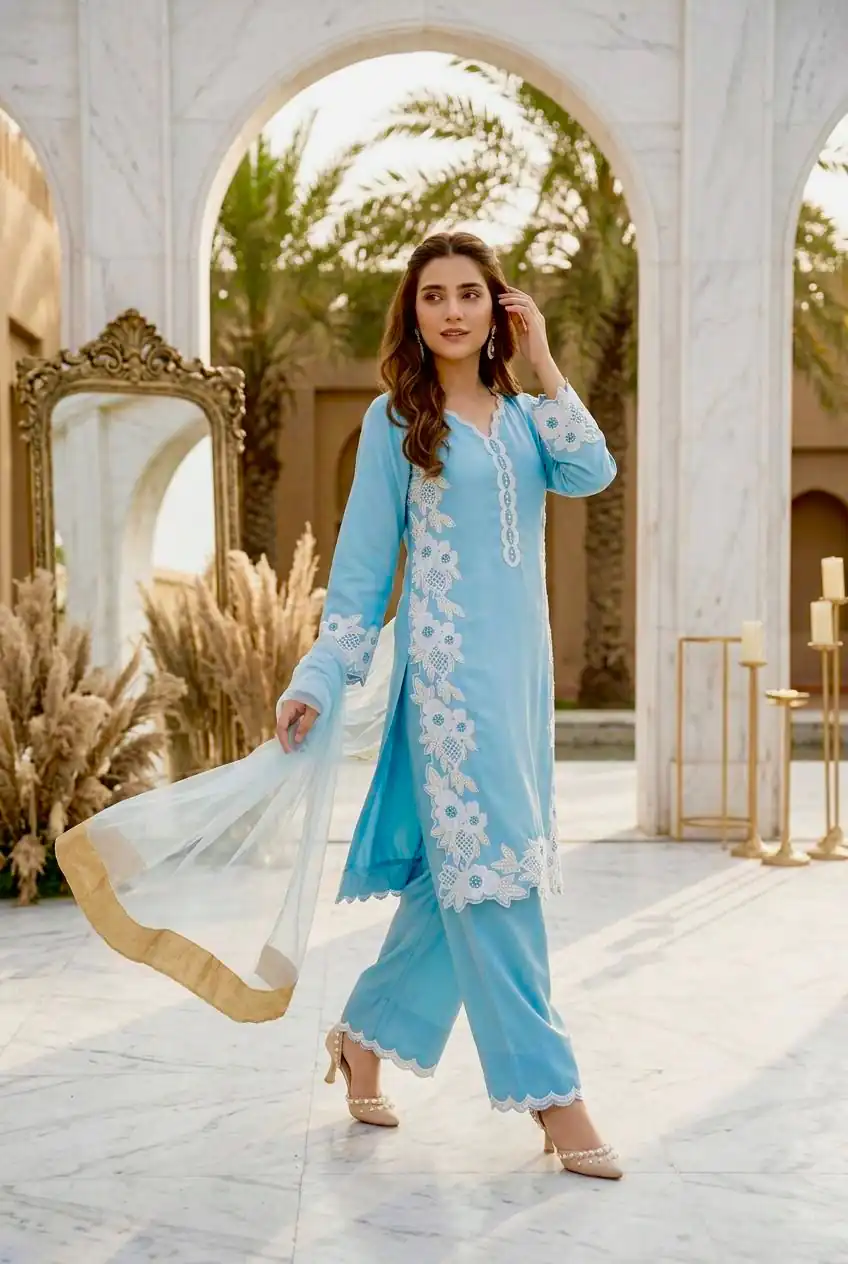 ST 213 Sky Blue Color Natural Crep Salwar Suit with Embroidery Work. Wedding, Party, Festive, Best Price ₹1899. Delivery 4-6 Working Days. Shop now. | Casual Suits, Jump Suits, Creative suits, Designer Suits, Palazzo Suits, Party Wear Suits, Patiala Suits, Salwar suit, Straight Suits