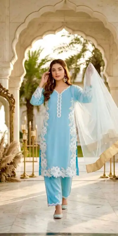 ST 213 Sky Blue Color Natural Crep Salwar Suit with Embroidery Work. Wedding, Party, Festive, Best Price ₹1899. Delivery 4-6 Working Days. Shop now. | Casual Suits, Jump Suits, Creative suits, Designer Suits, Palazzo Suits, Party Wear Suits, Patiala Suits, Salwar suit, Straight Suits