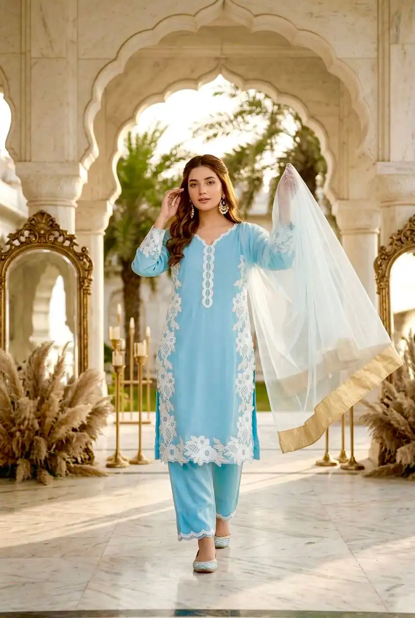 ST 213 Sky Blue Color Natural Crep Salwar Suit with Embroidery Work. Wedding, Party, Festive, Best Price ₹1899. Delivery 4-6 Working Days. Shop now. | Casual Suits, Jump Suits, Creative suits, Designer Suits, Palazzo Suits, Party Wear Suits, Patiala Suits, Salwar suit, Straight Suits