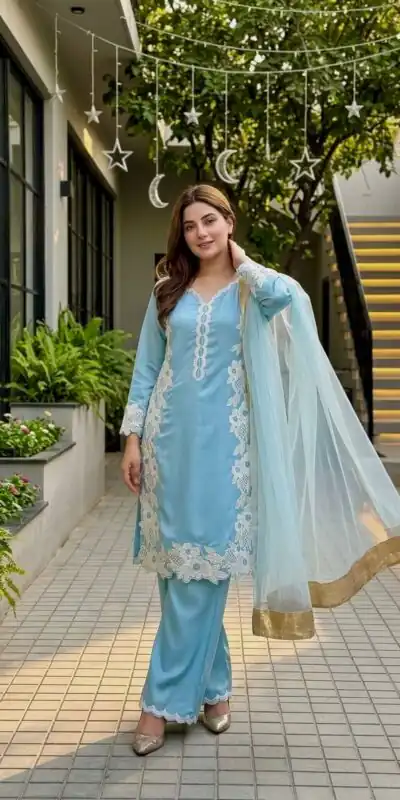 ST 213 Sky Blue Color Natural Crep Salwar Suit with Embroidery Work. Wedding, Party, Festive, Best Price ₹1899. Delivery 4-6 Working Days. Shop now. | Casual Suits, Jump Suits, Creative suits, Designer Suits, Palazzo Suits, Party Wear Suits, Patiala Suits, Salwar suit, Straight Suits