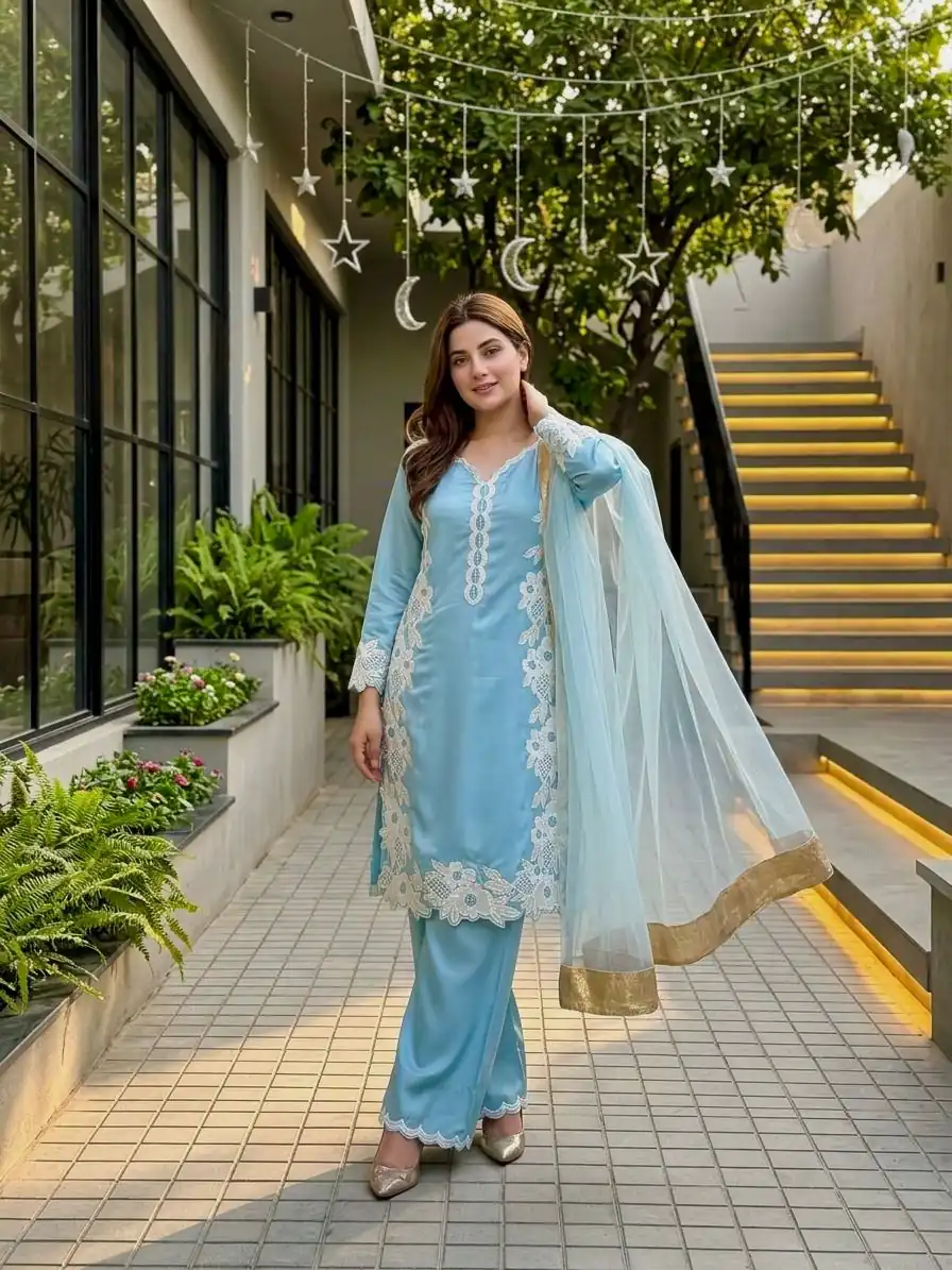ST 213 Sky Blue Color Natural Crep Salwar Suit with Embroidery Work. Wedding, Party, Festive, Best Price ₹1899. Delivery 4-6 Working Days. Shop now. | Casual Suits, Jump Suits, Creative suits, Designer Suits, Palazzo Suits, Party Wear Suits, Patiala Suits, Salwar suit, Straight Suits