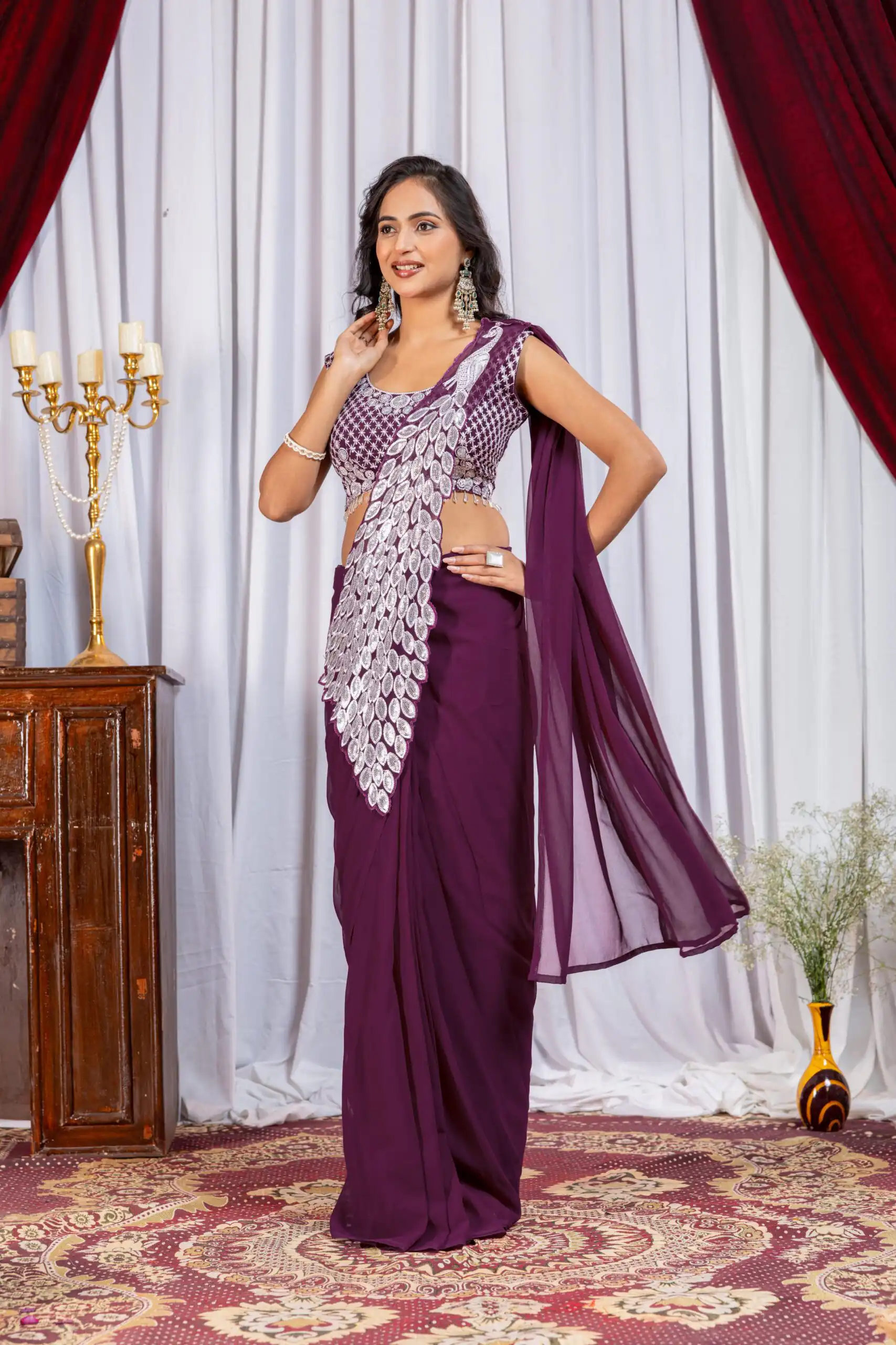 ST 1165 Wine Faux Georgette Saree with Embroidery Work & Sequins Work. Now at just ₹1799. Delivery 4-6 Working Days. Shop now. | Creative Sarees, Bollywood Sarees, Designer Sarees, Embroidered Sarees, Ethnic Saree, Modern Digital sarees, Party Wear Sarees, Sarees