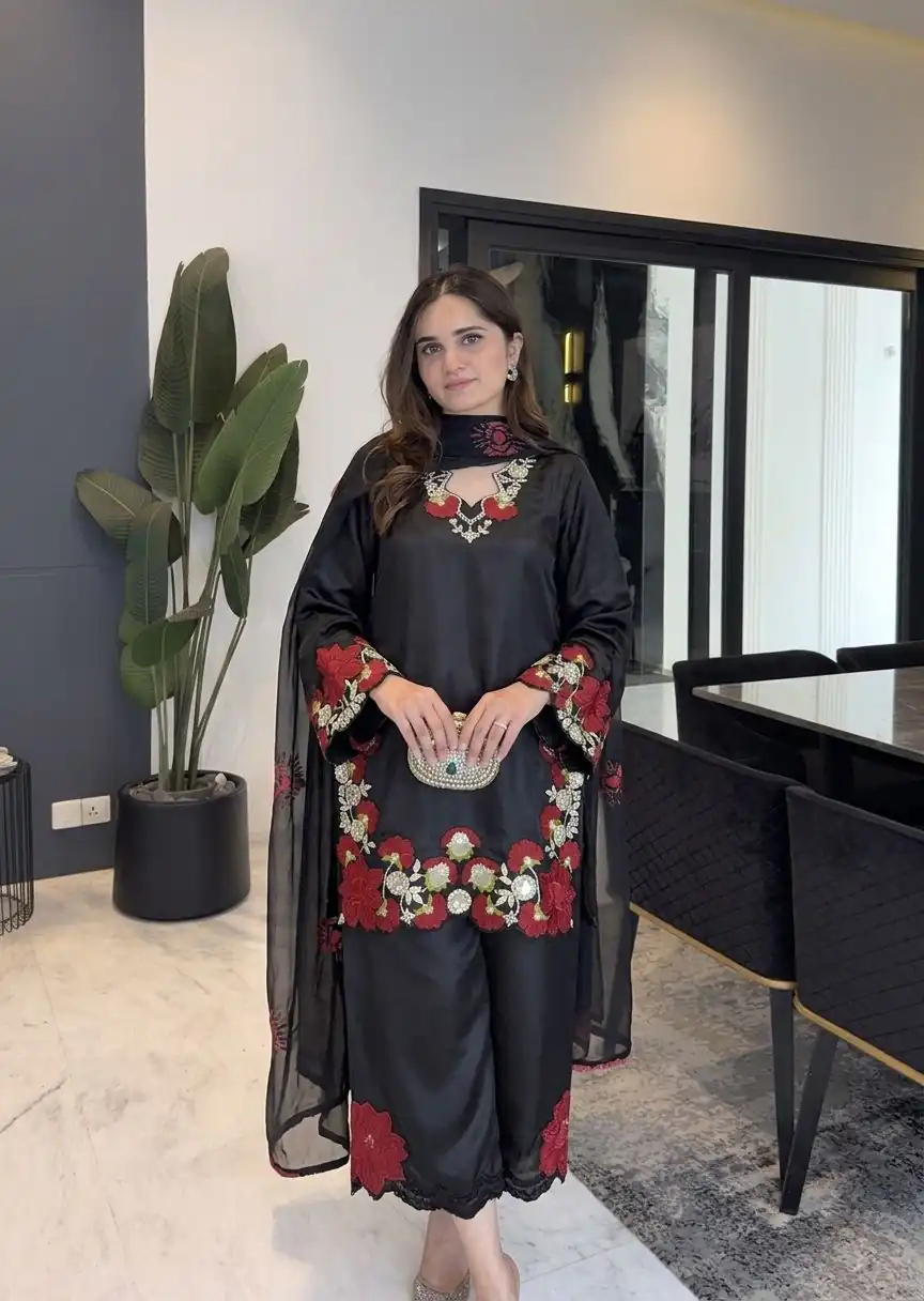 ZSR 3171 Black Color Roman Silk Salwar Suit with Embroidery Work. Available at ₹2449 only. Delivery 4-6 Working Days. Shop now. | Casual Suits, Jump Suits, Creative suits, Designer Suits, Palazzo Suits, Party Wear Suits, Patiala Suits, Salwar suit, Straight Suits
