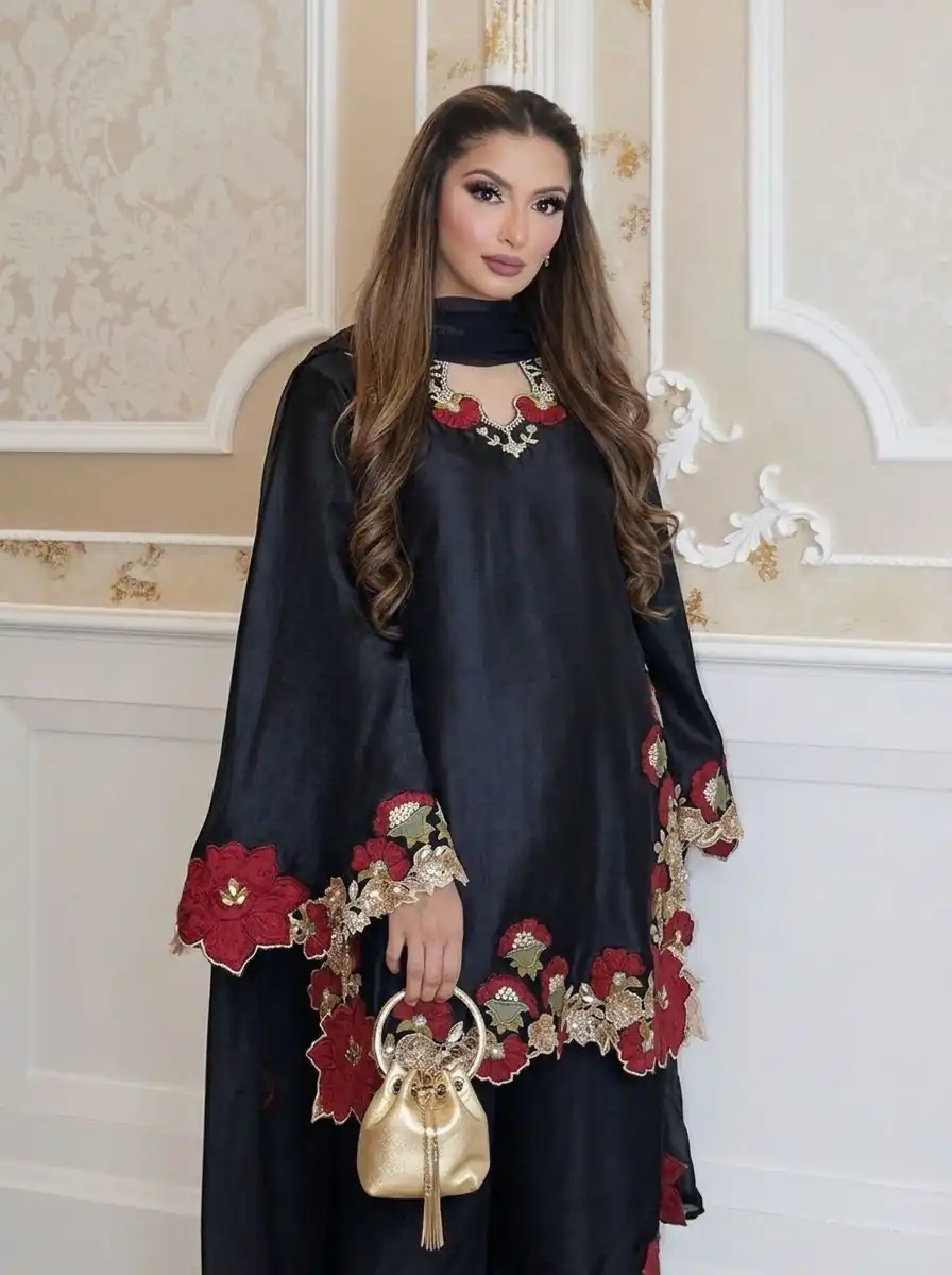 ZSR 3171 Black Color Roman Silk Salwar Suit with Embroidery Work. Available at ₹2449 only. Delivery 4-6 Working Days. Shop now. | Casual Suits, Jump Suits, Creative suits, Designer Suits, Palazzo Suits, Party Wear Suits, Patiala Suits, Salwar suit, Straight Suits
