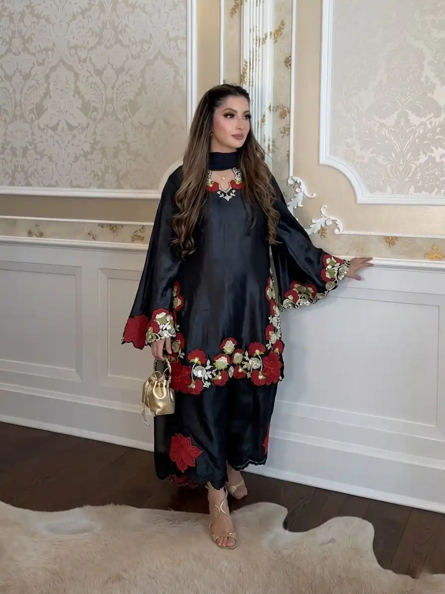 ZSR 3171 Black Color Roman Silk Salwar Suit with Embroidery Work. Available at ₹2449 only. Delivery 4-6 Working Days. Shop now. | Casual Suits, Jump Suits, Creative suits, Designer Suits, Palazzo Suits, Party Wear Suits, Patiala Suits, Salwar suit, Straight Suits