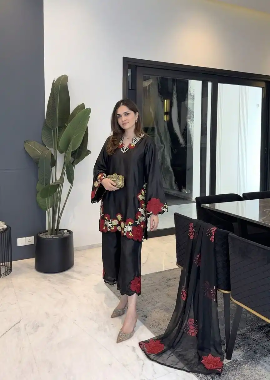 ZSR 3171 Black Color Roman Silk Salwar Suit with Embroidery Work. Available at ₹2449 only. Delivery 4-6 Working Days. Shop now. | Casual Suits, Jump Suits, Creative suits, Designer Suits, Palazzo Suits, Party Wear Suits, Patiala Suits, Salwar suit, Straight Suits