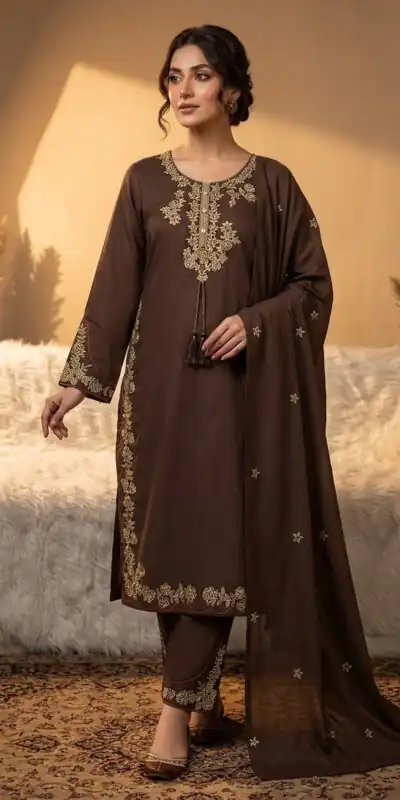BE 473 Brown Color Roman Silk Salwar Suit with Embroidery Work. Available at ₹1999 only. Delivery 4-6 Working Days. Shop now. | Casual Suits, Jump Suits, Creative suits, Designer Suits, Palazzo Suits, Party Wear Suits, Patiala Suits, Salwar suit, Straight Suits