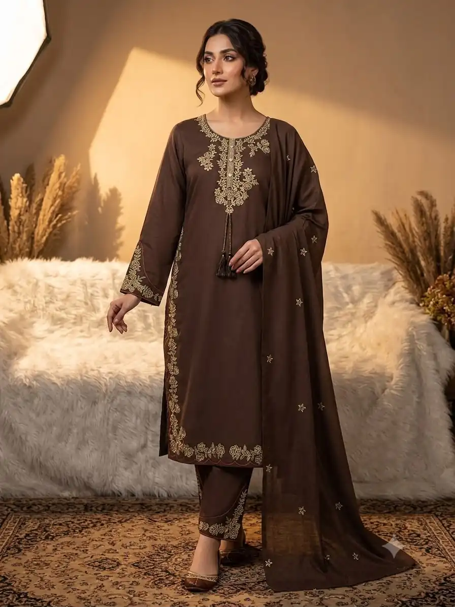 BE 473 Brown Color Roman Silk Salwar Suit with Embroidery Work. Available at ₹1999 only. Delivery 4-6 Working Days. Shop now. | Casual Suits, Jump Suits, Creative suits, Designer Suits, Palazzo Suits, Party Wear Suits, Patiala Suits, Salwar suit, Straight Suits