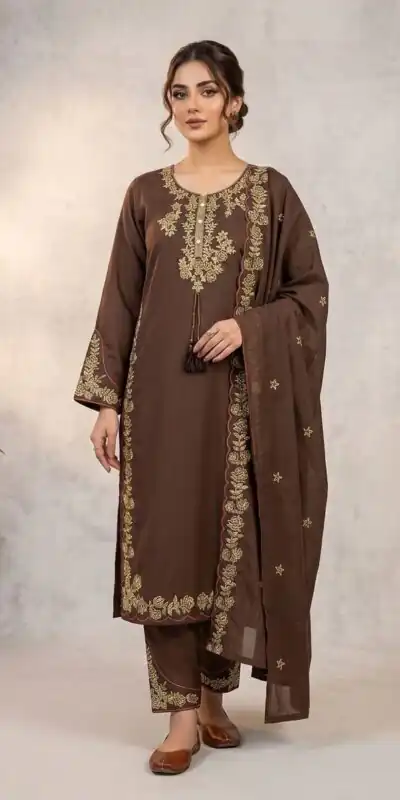 BE 473 Brown Color Roman Silk Salwar Suit with Embroidery Work. Available at ₹1999 only. Delivery 4-6 Working Days. Shop now. | Casual Suits, Jump Suits, Creative suits, Designer Suits, Palazzo Suits, Party Wear Suits, Patiala Suits, Salwar suit, Straight Suits